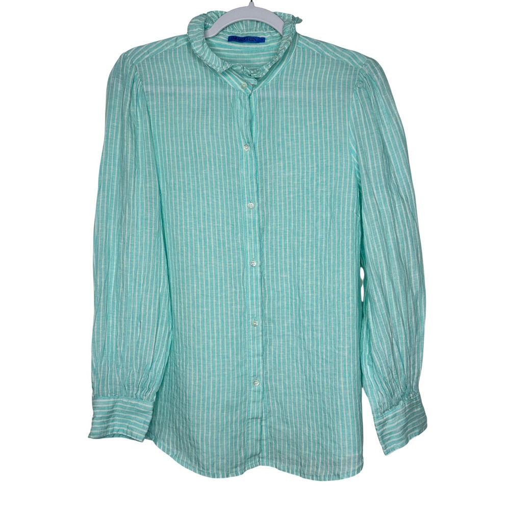 J.McLaughlin Button Down Stripe Ruffle Collar Linen Top Size M Aqua Long Sleeve